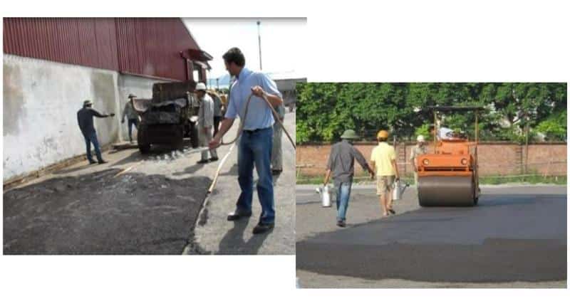 Bước 4: Tưới nước đều lên bề mặt vật liệu trước khi lu tạo phẳng;Dùng lu - 6 tấn lu tạo phẳng hoàn thiện 4 lượt/điểm